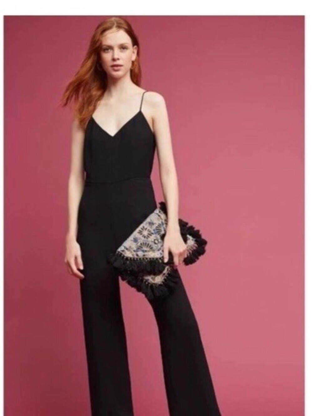 Anthropologie The Essential Slim Jumpsuit Women 4 Black Wide Leg V-Neck